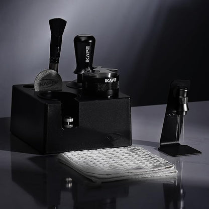 IKAPE 53MM Black Espresso Tool Set 8 IN 1, Coffee Tamper, Distributor, Magnetic Funnel, Puck Screen, Tamper Station, Stirrer Distribution Tool, Cleaning Towel and Brush