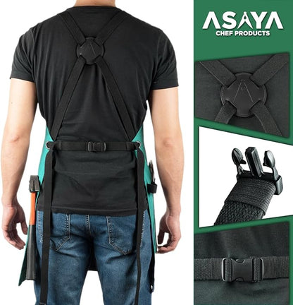 Asaya Chef and BBQ Apron with Bottle Opener and Hand Towel - 10oz Cotton Canvas, Stainless Steel Hardware - Cross Back Straps