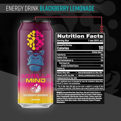 Gorilla Mind Energy Drink | Unmatched Energy · Amplified Focus | N-Acetyl-L-Tyrosine, Alpha-GPC, 200mg Caffeine, Uridine, Saffron | 0 Sugar Or Artificial Colors | 16oz, 12-Pack (Blackberry Lemonade)
