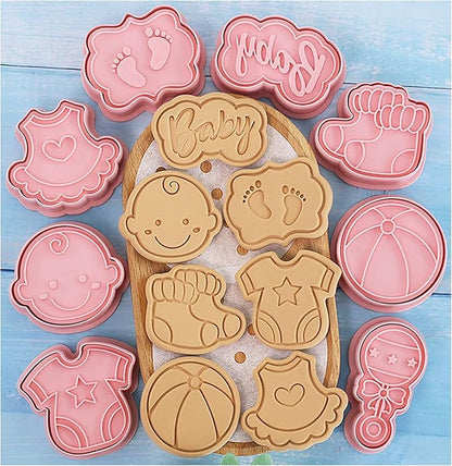 8 Pcs Cute Baby Shower Cookie Cutters for Baking Plastic Cookie Stamps Newborn Party Biscuit Mould Set DIY Fondant Biscuit Stamps Kitchen Tools(L8)