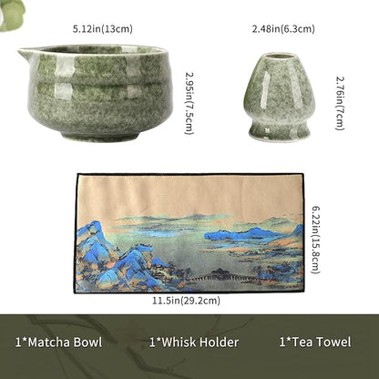 Japanese Ceramic Matcha Bowl - 16oz Speckle Glaze Chawan & Whisk Stand for Perfect Froth, Dishwasher Safe Green