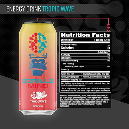 Gorilla Mind Energy Drink | Unmatched Energy · Amplified Focus | N-Acetyl-L-Tyrosine, Alpha-GPC, 200mg Caffeine, Uridine, Saffron | 0 Sugar Or Artificial Colors | 16oz, 12-Pack (Tropic Wave)