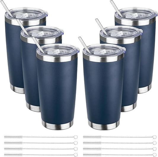20oz Tumbler Bulk with Lid and Straw, Stainless Steel Double Wall Vacuum Insulated Travel Mug, Powder Coated Coffee Cups for Hot and Cold Drinks,Funny Gifts for Women Men(Navy Blue,6)