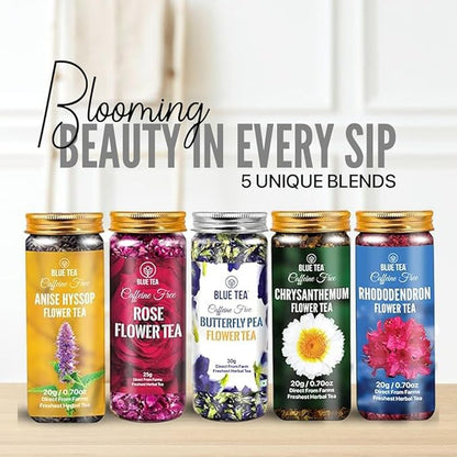 BLUE TEA - Flower Tea Combo - 4.05 Oz (Pack of 5) | VARIETY PACK | Combo Pack - Caffeine Free - Flower Based - Caffeine Free - Vegan - Non-Bitter - Non-GMO | Pet Jar Packs - Gift Box