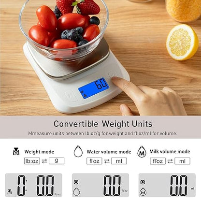 NUTRI FIT Food Kitchen Scale Digital Grams and Ounces Ultra Slim Scale Portable for Baking Cooking Camping Stainless Tare Auto Off Backlit Large LCD Display 11lb/5kg-White