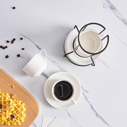 YOLIFE 2.5oz Porcelain Stackable Espresso Cups with Saucers and Metal Stand Set of 4, Stackable Cappuccino Cups, White Expresso Shots Cup Set for Coffee Drinks, Latte, Tea