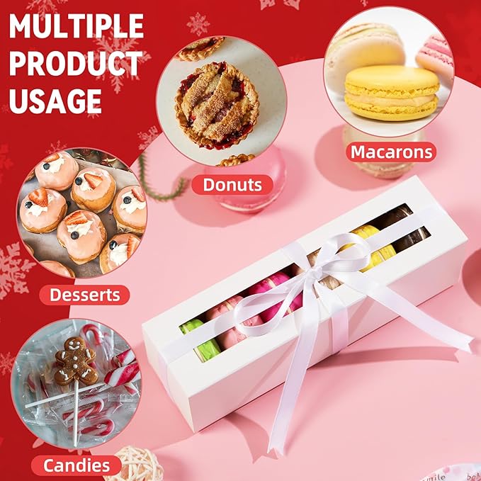 HAPPY POTATO 15 Pack Macaron Boxes with Clear Window and Ribbon, White, 7.2x4x1.9 Inches, Gift-Wrap Boxes for Weddings and Gifting