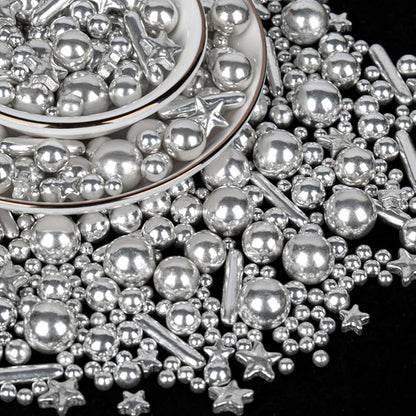 Twisweet Silver Pearl Rods Star Sprinkles, Edible Sugar Sprinkles for Cake Decorating, Mix Size Candy Pearls for Baking Cake Topper Ice Cream Cupcake Cookie Dessert Decorations, Wedding Valentines Birthday Christmas Easter Supplies (130g/4.58oz)
