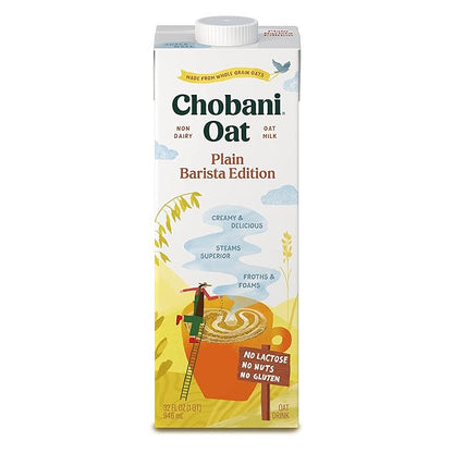 Chobani Oat Milk, Plain Oat Barista Edition, Shelf Stable Non Dairy Milk, Creamer, Vegan Friendly, Gluten-Free, 32 FL OZ (Pack-12)