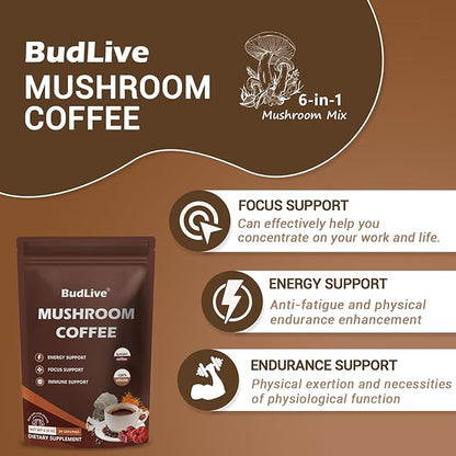 Organic Mushroom Coffee with Lion's Mane, Reishi & Cordyceps – 6 Mushroom Adaptogen Blend for Focus, Energy, Digestion & Immune Support, Low Acid Instant Coffee Powder, 30 Servings