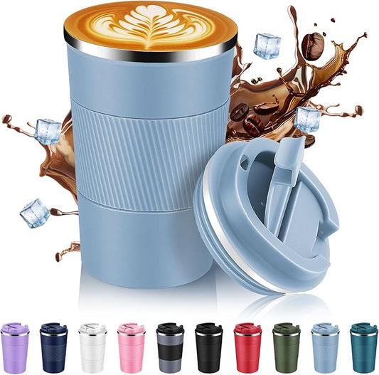 Volhoply 13 oz Stainless Steel Insulated Travel Coffee Mug with Fip Lid,Reusable Double Wall Vacuum Metal Coffee Cup,Portable to Go Leak Proof Cafe Thermal Tumbler for Hot & Cold Drinks(Fog,1)