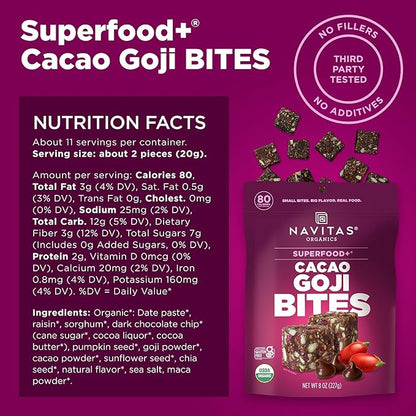 Navitas Organics Superfood Power Snacks, Cacao Goji, 8 oz. Bag, 11 Servings — Organic, Non-GMO, Gluten-Free