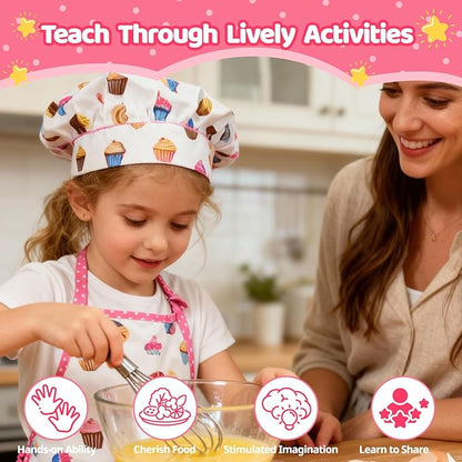 11 PCS Kids Baking Set for Girls, Chef Costume with Adjustable Apron & Hat, Pretend Play Kitchen Toys for Toddlers 3-8, Birthday Xmas Gifts for Little Chefs