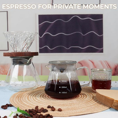 Pour Over Coffee Maker 400ml Borosilicate Glass Drip Coffeemaker Server Set with 50pcs V60 Cone Paper Filters Walnut Collar Glass Lid Clear Hand Brew Dripper Carafe for Home Camping Travel 13.53oz