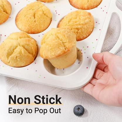 FUNBAKY Silicone Muffin Pan with Metal Frame, Nonstick 12 Cups Regular Size Silicone Muffin Tin for Oven Baking Easy to Move with Handle BPA Free
