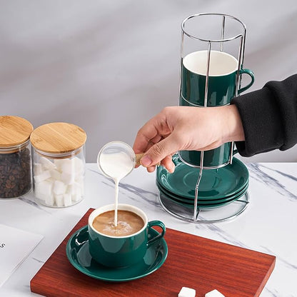 8 Ounce Porcelain Cappuccino Cups with Saucers and Silver Stand, Green Cups Set of 4
