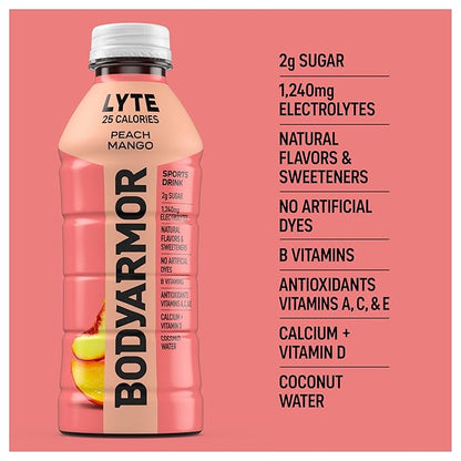 BODYARMOR LYTE Sports Drink Low-Calorie Sports Beverage, Peach Mango, Coconut Water Hydration, Natural Flavors With Vitamins, Potassium-Packed Electrolytes, Perfect For Athletes, 20Fl Oz (Pack of 6)