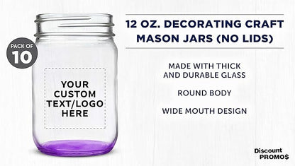 DISCOUNT PROMOS Custom Decorating Mason Jars 12 oz. Set of 10, Personalized Bulk Pack - Glass Jars for Overnight Oats, Candies, Fruits, Pickles, Spices, Beverages - Purple