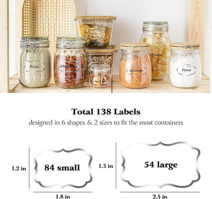 Kitchen Pantry Food Containers Clear Labels with Silver Border, 138 Waterproof Removable Write-on Sticker Labels Tags to Organize Spice Jars Condiment Flour Sugar Canisters Storage Bins,Free 2 Markers