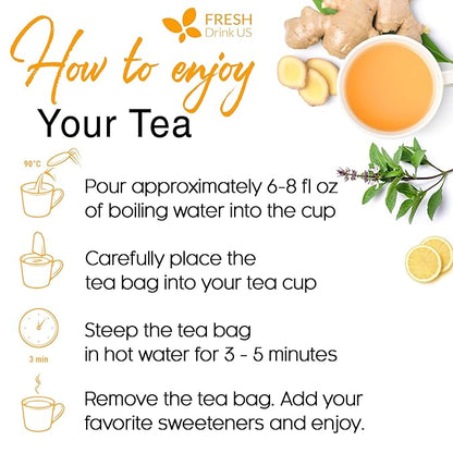 FreshDrinkUS, Premium 135 Tulsi Lemon Ginger Tea Bags, 100% Natural & Pure from Tulsi Holy Basil Leaves, Lemon and Ginger. Made with Natural Material Tea Bags. No Sugar, No Caffeine, Vegan.