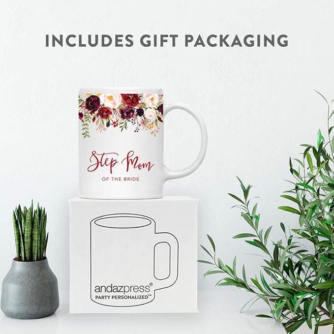 Andaz Press 11oz. Wedding Ceramic Coffee Tea Mug Gift, Fall Autumn Marsala Burgundy Flowers Roses Florals, Step Mom of the Bride, 1-Pack, Includes Gift Box