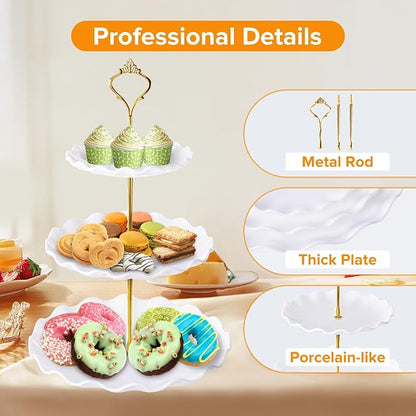 Hoedia 3 Tier Cupcake Stand Tower, Plastic White Cup Cake Holder for Dessert stands, Tiered Serving Tray for Tea Party, Birthday Party, Wedding Decor and Baby Shower(Round Wave)