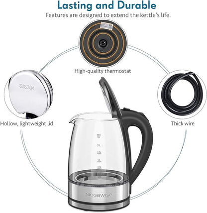 MegaWise Electric Kettle, 1.8L Borosilicate Glass Tea Kettle with LED Light, Auto Shut-Off and Boil-Dry Protection Cordless Kettle Fast Boiling