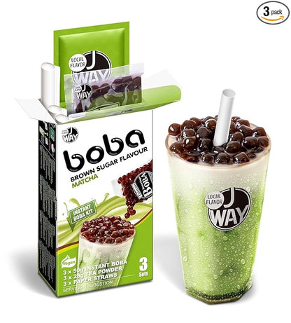 J WAY Instant Boba Bubble Pearl Matcha Milk Tea Kit with Authentic Brown Sugar Tapioca Boba, Ready in Under One Minute, Paper Straws Included - 3 Servings