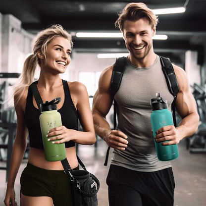 NATURE PIONEOR Insulated Water Bottles with Carrier Holder Sleeve - 32 ounce Stainless Steel Water Bottle with 3 Lids,straw,Keeps Hot and Cold