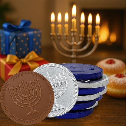 The Dreidel Company Blue & Silver Hanukkah Milk Chocolate Coins, Hanukkah Design Gelt, Gluten Free, Non GMO, Kosher Certified OU-D (100-Pack)