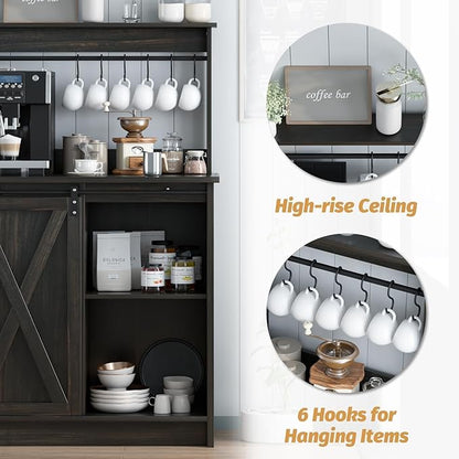 4ever2buy Farmhouse Coffee Bar Cabinet with Hutch, 50 Inch Coffee Bar Hutch with Sliding Barn Door & 6 Hooks for Living Dining Room, Dark Oak
