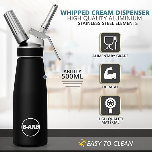 B-ARS Whipped Cream Dispenser-Professional Dispenser-Whip Cream Dispenser -Whipping Siphon-Whipped Cream Maker-Cream Whipper-Aluminum Whipped Cream Dispenser 500 ml.