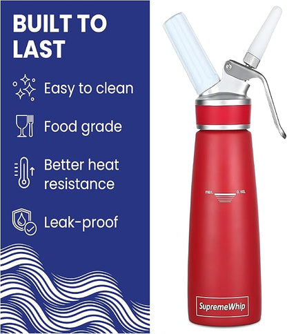 PRO Cream Dispenser, Durable High-Grip, Metal Lid with Rubber, 3 Nozzles, for Hot/Cold Use, Cleaning Brush Included, Red - 500 ml / 1 Pint