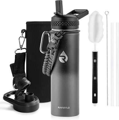 Insulated Water Bottle 20 oz, Triple Wall Vacuum Stainless Steel (Cold for 48 Hrs), Leak Proof & Non-BPA, Kids Water Bottle Jug for School with Straw Spout Lids, Dark Gray
