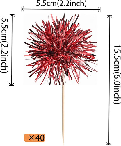 40 PCS Foil Firework Cupcake Toppers Sparkle Tinsel Cupcakae Picks Sparkler Fireworks Party Decorations Cocktail Fruit Toothpick for Birthday Wedding Graduation Party Decorations Supplies Red