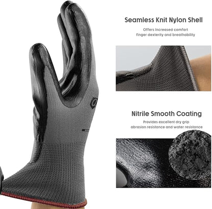 ANDANDA 12 Pairs Work Gloves, Smart Touch, 3D Comfort Stretch Fit, Nitrile Coated Work Gloves with Grip, Seamless Knit Nylon Work Gloves Men Suitable for Warehousing, Logistics, Handling, Black（M）