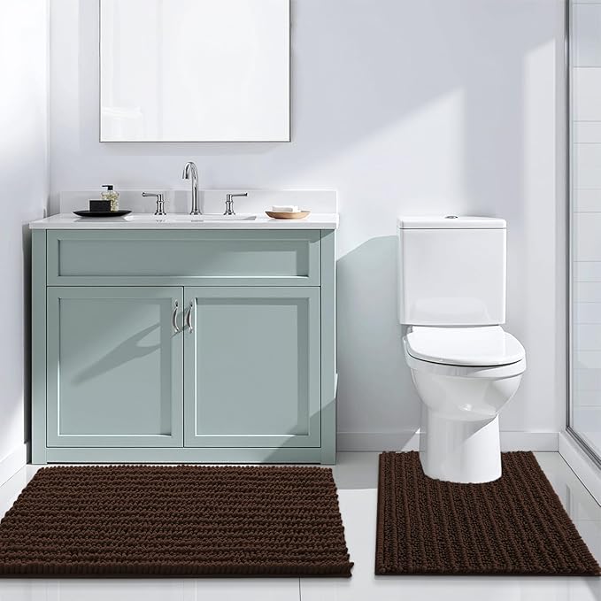Arotive Luxury Chenille Bathroom Rug Mat, Extra Soft Thick Absorbent Shaggy Bath Rugs, Non-Slip Machine Wash Dry, Plush Bath Mats for Bathroom, Shower and Tub, 47x20, Brown