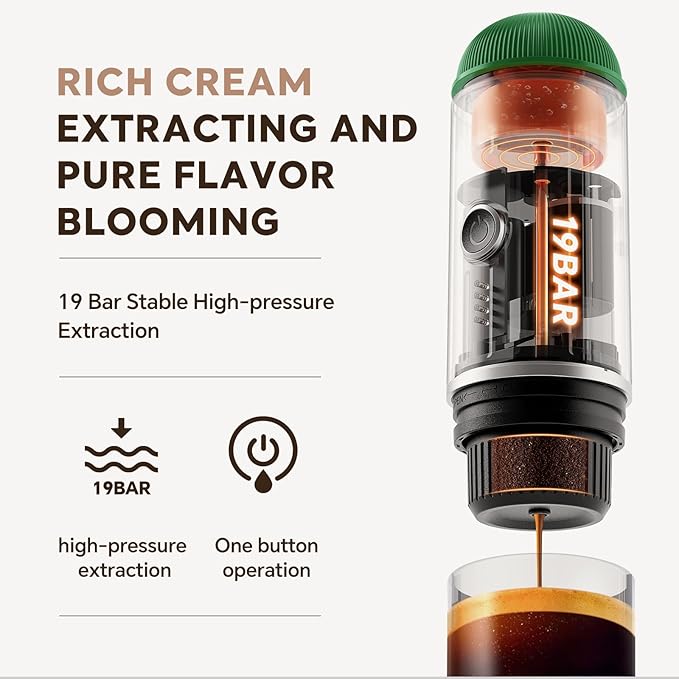 Fast self-heating Portable Electric Espresso Coffee Maker, 2 IN 1 Extraction Espresso Machine, Support Ground Coffee and NS capsule, for Travel,Car,Hiking,Climbing（Green） Rich Crema