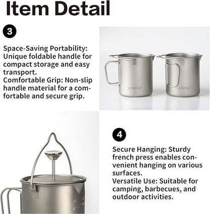 Titanium French Press Pot 750mL/25 fl oz Coffee Maker Camping with Lid and Filter Titanium French Press Cup Backpacking for Outdoor Hiking Camp