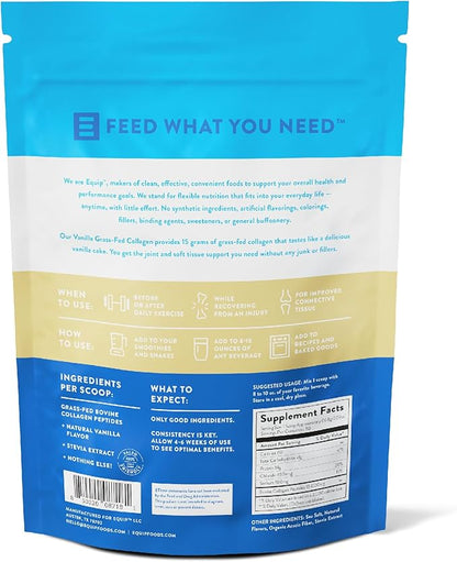 Equip Foods Grass Fed Collagen Powder | Hydrolyzed Bovine Collagen Peptides with Amino Acids | Prime Beef Collagen for Healthy Joints, Skin & Nails | Non-GMO, Paleo Friendly | 30 Servings, Vanilla
