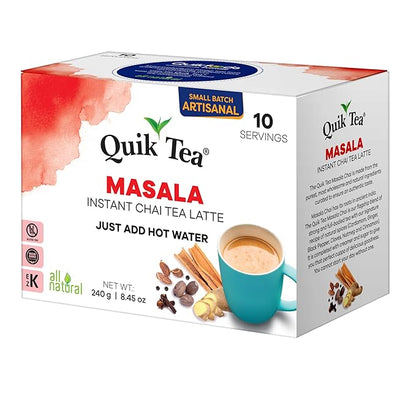 QuikTea Masala Chai Tea Latte – 10 Count, Bold Masala Flavor, Naturally Caffeine-Light, No Preservatives – Just Add Hot Water
