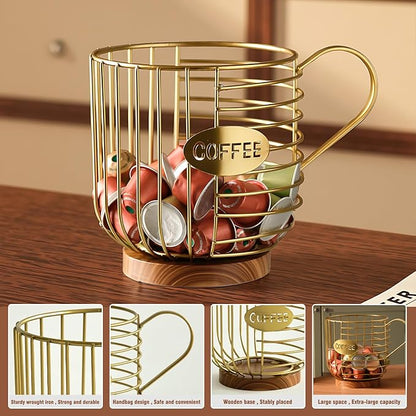 Coffee Pod Holder,Bar Accessories - Espresso Pod Holder - Large Capacity Black Wire Coffee Basket With Wooden Base