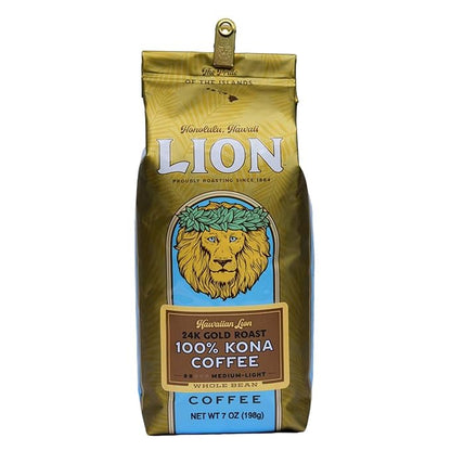 Lion Coffee 24K Gold Roast 100% Kona Whole Bean Coffee, Medium-Light Roast, A Taste of Aloha - 7 Ounce Bag