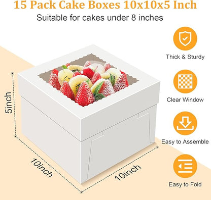 15 PCS Cake Boxes 10 Inch, 10x10x5 Inch Cake Box, 10 Inch Cake Box with Window, White Bakery Boxes, Large Baking Boxes, Cajas Para Pasteles, 10x10 Cake Boxes for Birthday, Wedding, Party, Business