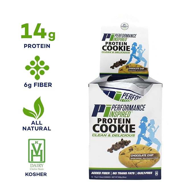 Performance Inspired Nutrition Mixed Protein Cookie Box – 12 Pack – 6 Chocolate Chip & 6 Peanut Butter – 14-15G Protein, 6-7G Fiber – All-Natural, No Sugar Alcohols