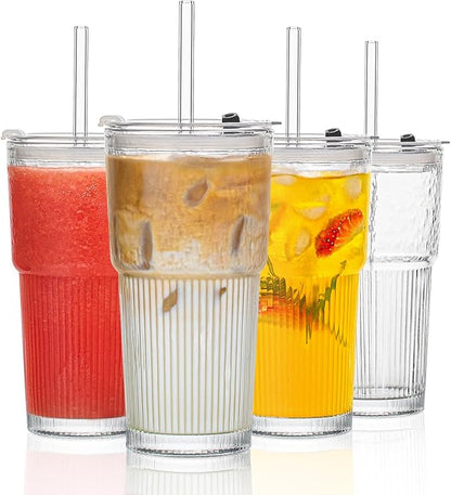 INSETLAN 530ml Glass Cups with Straws & Straw Cleaner, Set of 4, Clear Ribbed Drinking Glasses with Plastic Lids for Water, Juice, Iced Coffee & Smoothies, Dishwasher Safe