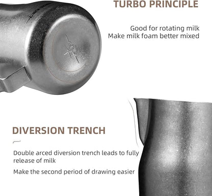 MHW-3BOMBER Milk Frothing Pitcher 450ml/15.2oz Milk Frother Cup Espresso Steaming Pitcher Stainless Steel Milk Frother Cup Barista Latte Art Round Spout Milk Jug, Silver spot P6003SS-OS