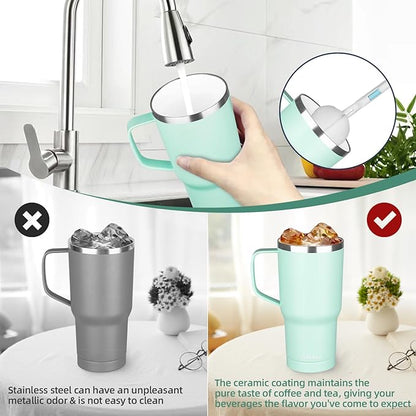 20 oz Insulated Coffee Mug with Ceramic Coating, Stainless Steel Travel Mug Tumbler with Handle Lid and Straw, Double Wall Leak-Proof Coffee Travel Mug Keeps Drink Hot and Cold (Green)