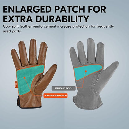 Vgo... 1-Pair Unlined Safety Cow Grain Leather Work Gloves Men, Rigger Gloves, Builder Gloves, Water Resistant, Palm Patched (Size S, Brown, CA9597WP)