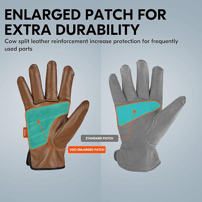 Vgo... 1-Pair Unlined Safety Cow Grain Leather Work Gloves Men, Rigger Gloves, Builder Gloves, Water Resistant, Palm Patched (Size XL, Brown, CA9597WP)